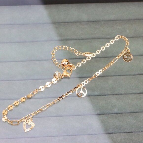 "Rose Gold Anklet with Heart & Peace Charms, XPAL1177 - Picture 1 of 12